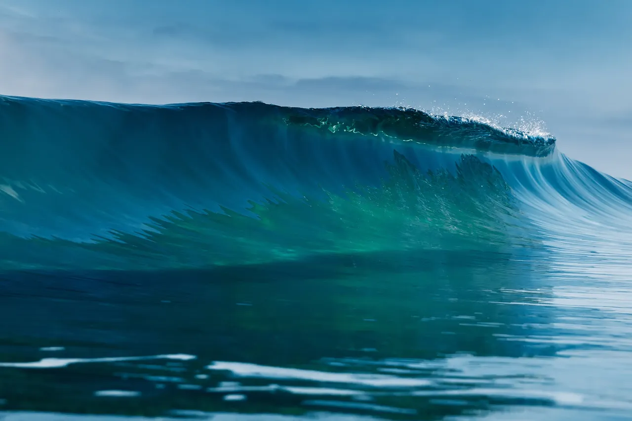 A clear blue wave rising and curling.